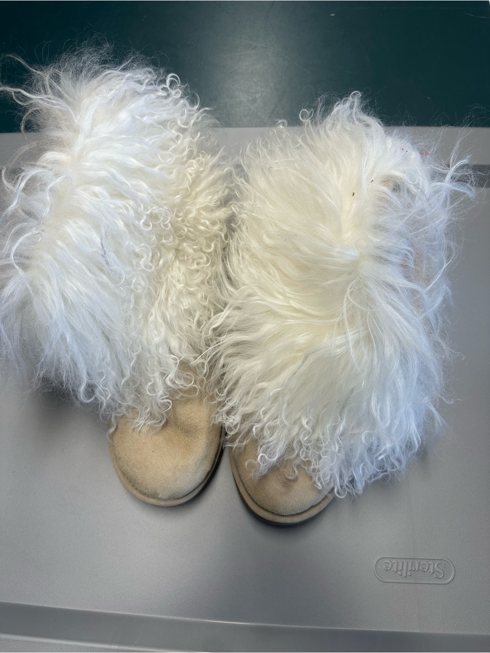 UGG White Faux Fur and Tan Suede Ankle Booties